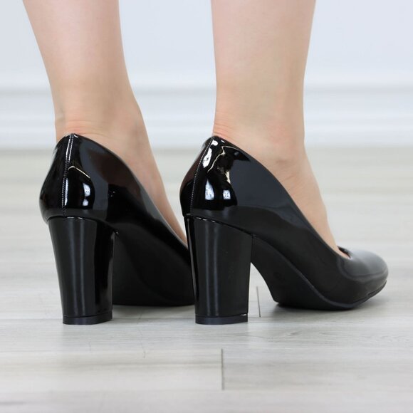 Classic Black Patent High Heel Slip On Round Toe Block Pumps - Picture 5 of 11